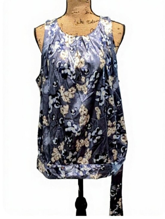 Apt. 9 Tops - Apt. 9 Blue and Cream Floral Pleated Neck Sleeveless Top